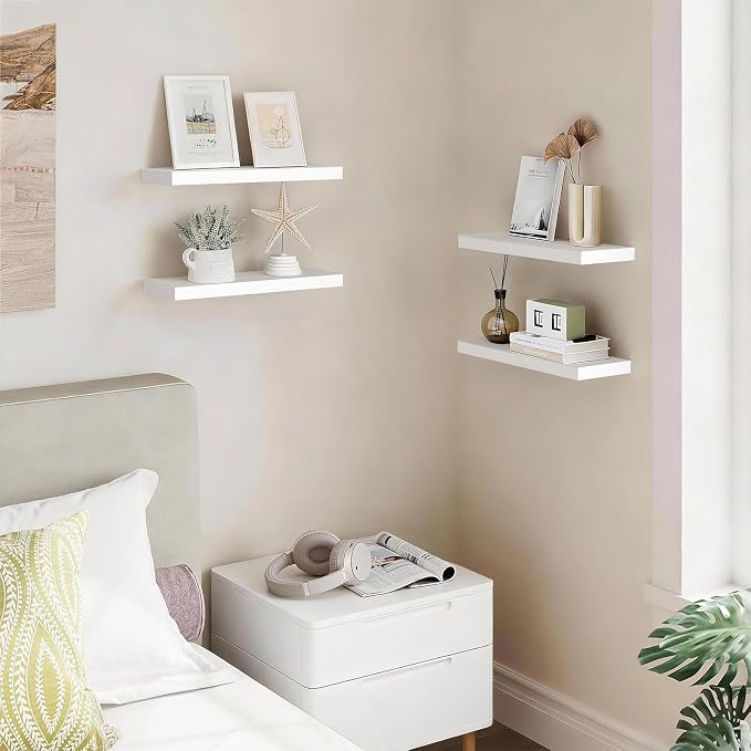 BAYKA White Floating Shelves for Wall, Set of 3, Rustic Wood Wall Shelves with Metal Brackets for Bathroom, Bedroom, Kitchen, or Living Room Decor Organization, Sturdy Storage with 22lb Capacity