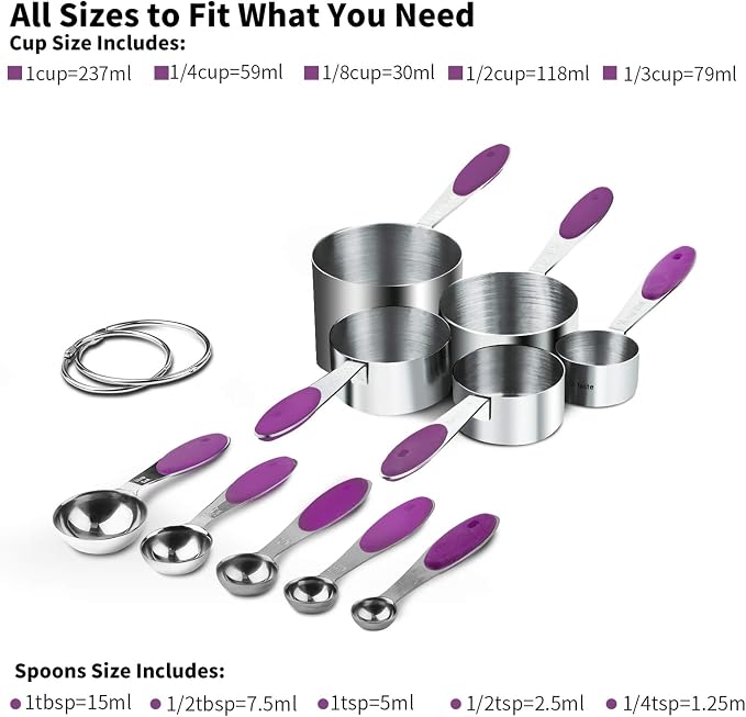U-Taste 10 Piece Measuring Cups and Spoons Set in 18/8 Stainless Steel, and 18/8 Stainless Steel 3.9 inch 30 Mesh Strainer (Purple)