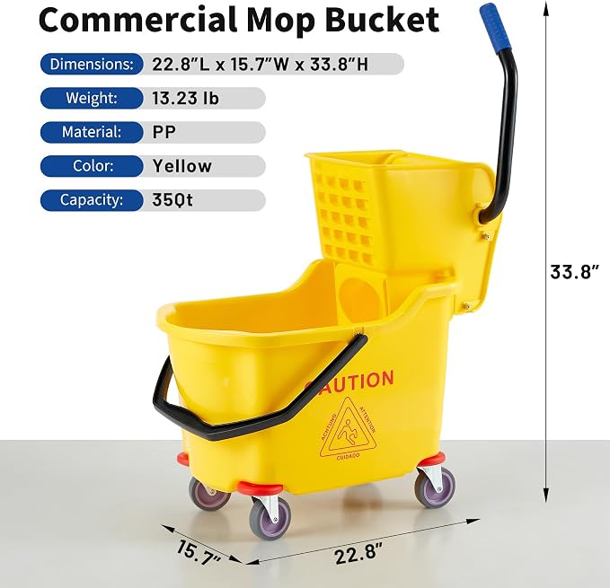Garvee Commercial Mop Bucket with Side Press Wringer on Wheels, 35 Quart Capacity for Floor Cleaning, Kitchens, Restaurants, and Janitorial Use, Yellow, Polypropylene