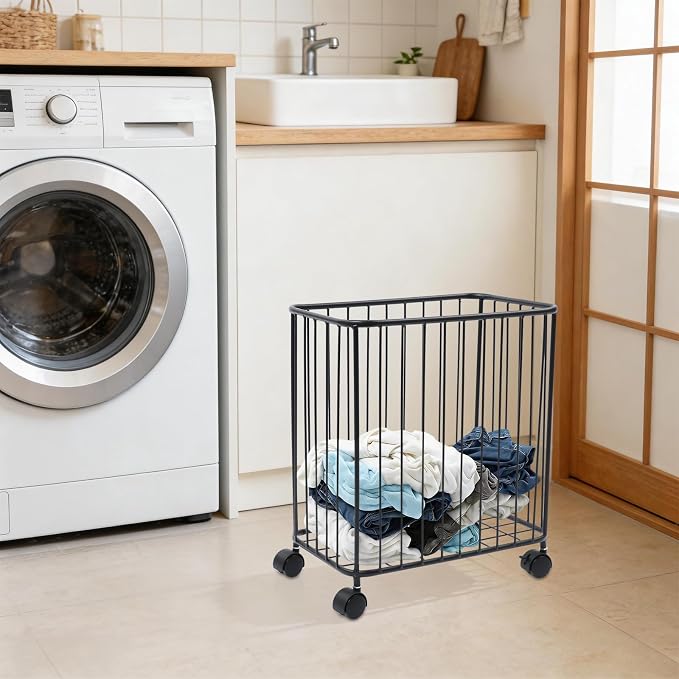 Rolling Laundry Basket with Wheels, Rectangular Metal Laundry Hamper, Large-size Dirty Clothes Basket, Versatile Portable Hollow-out Storage Basket for Home, 15.7"×9.8"×15.7" (Black-R)