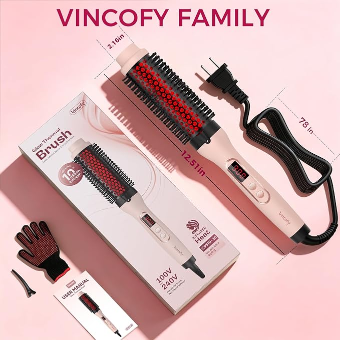 Infrared Thermal Brush, Dual Voltage Negative Ions Heated Round Brush, 1 1/2 Inch Straightener & Curling Iron Brush 2 in 2, Dual PTC Non-Blowing Thermal Round for Wome, Soft Pink