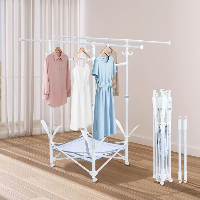 Foldable Clothes Drying Rack,Double Rod Extendable 33.1–56.7 Inches,Drying Rack Clothing with Wheels,Sweater Drying Net,Shoes Drying Rack,Hat Hanger