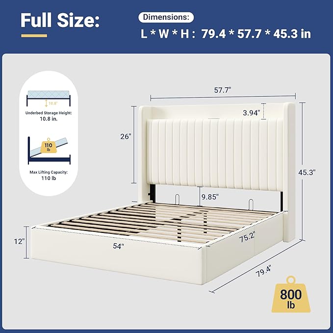 Allewie Full Lift Up Storage Hydraulic Bed Frame,Charging Station,Cream | Storage Shelf Headboard with Charging Station,Type-C,USB Ports,Hydraulic Support,Velvet Upholstered,No Box Spring Needed