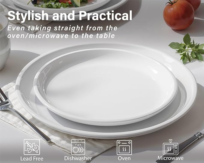ONEMORE Plates and Bowls Set 12 Pcs,Stoneware Dinnerware Sets for 4 Microwavable,Oven & Dishwasher Safe Porcelain,Scratch Resistant Dishes Set,White