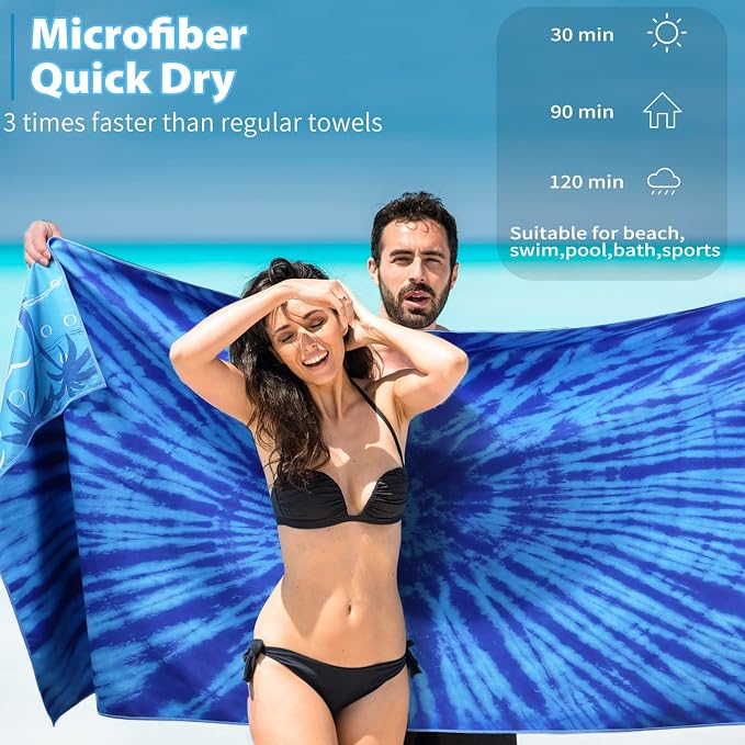 TwoYek Microfiber Beach Towel Extra Large 71x32 inches Blue Tie Dye Print | Thin Lightweight, Sand Free, Super Absorbent Quick Dry, Oversized for Travel Pool Swim Bath Accessories Vacation Essentials