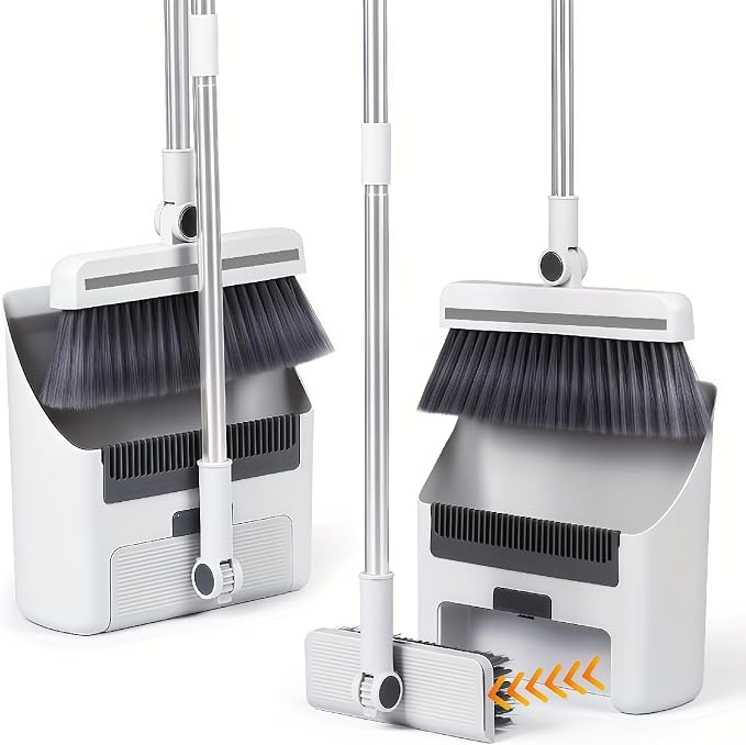 3in1 Broom and Dustpan Combo with Cleaning Teeth, Adjustable Long Handle, 180° Rotating Broom,Ideal for Pet Hair, Indoor Outdoor Heavy Duty Floor Sweeping (White)