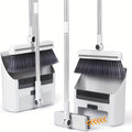 3in1 Broom and Dustpan Combo with Cleaning Teeth, Adjustable Long Handle, 180° Rotating Broom,Ideal for Pet Hair, Indoor Outdoor Heavy Duty Floor Sweeping (White)