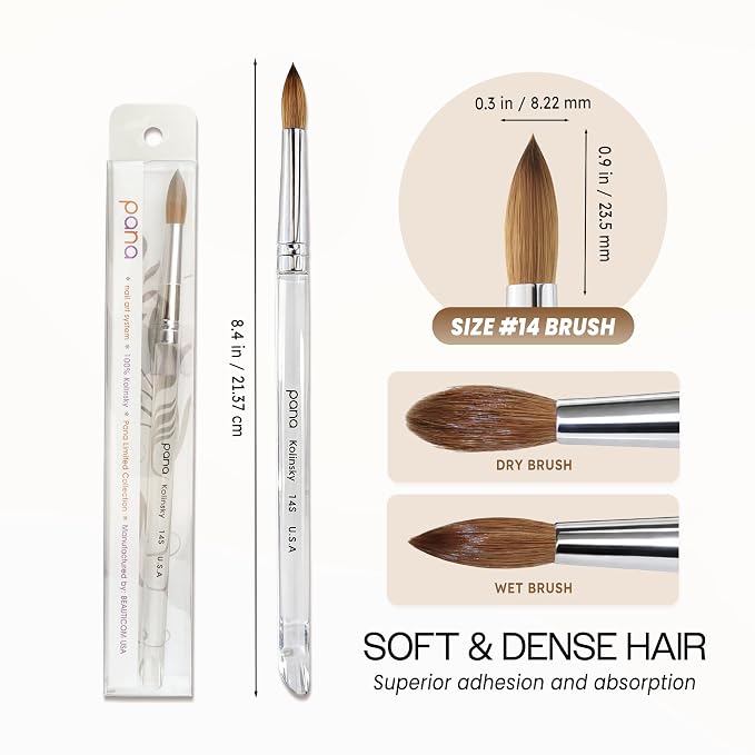 PANA Professional Salon Quality 100% Pure Kolinsky Hair Bristles Acrylic Nail Brush with Clear Acrylic Handle (Size # 14, Clear (Round))