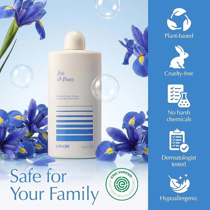LAVOIR Perfumed Liquid Fabric Softener | Iris & Peony Luxury Scent, Long-Lasting Freshness, Premium Fabric Conditioner, Softens Fabrics, Plant-Based Concentrated, Hypoallergenic | 33.8 Fl Oz