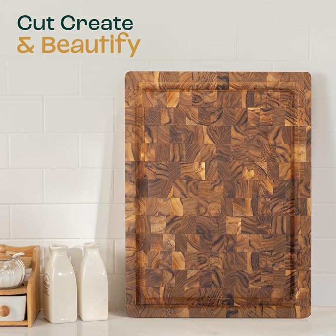 Yes4All Large Teak Cutting Boards for Kitchen, 20"x15"x1.5" End Grain Butcher Block with Food-Friendly Surface, Durable Wood Chopping Board with Juice Grooves and Easy-Grip Handle for Home Prep