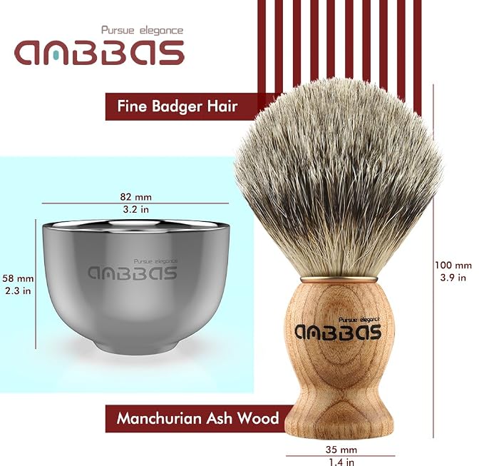 Anbbas Badger Hair Shaving Brush with Wooden Handle Stainless Steel Shaving Stand and Shaving Soap Bowl for Men Wet Shave