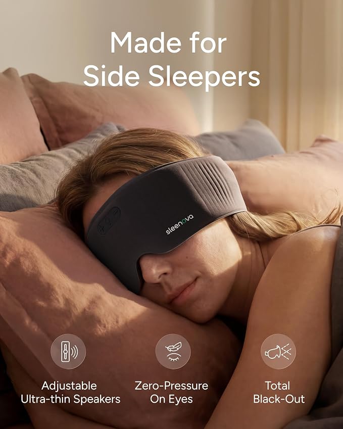 Sleenova SoundMask - Sleep Mask with Built-in Tuned Sleep Audio, Side Sleeper Optimized, Phone-Free Sleep & Nap, Bluetooth Modes