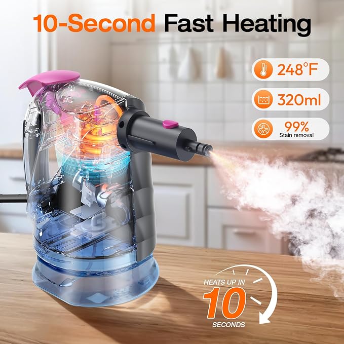 Steam Cleaner, 10-in-1 Steam Mop with Detachable Handheld Steamer, 320ml Water Tank, 10s Fast Heating, Portable Steamer for Kitchen, Floor, Tiles, Window, BBQ Grill, Car