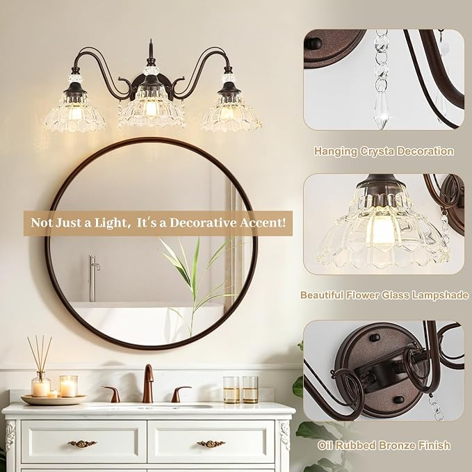 Vintage Bathroom Vanity Light, 3-Light Oil Rubbed Bronze Finish Wall Sconce with Hanging Crystal Accents and Flower-Shaped Clear Glass Shades, Retro Wall Mount Vanity Light Over Mirror for Bathroom