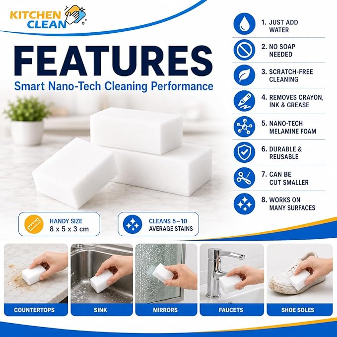 ™ Magic Eraser Cuboids | Chemical Free Multipurpose Nano-tech Magic Sponge | Switch Boards Taps Wall Stain Remover Glass Shoes Sneakers Cleaning Sponge Cut Cuboids (Pack of 10 Cuboids)