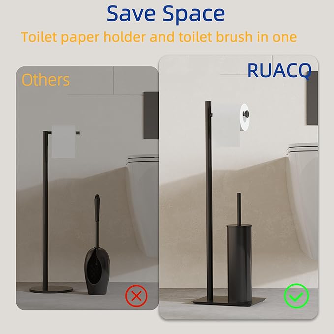 RUACQ Toilet Paper Holder Stand with Toilet Brush and Holder Set, 304 Stainless Steel Bathroom Toilet Tissue Paper Roll Holder Free Standing, Weighted Base, Heavy Duty (Matte Black)