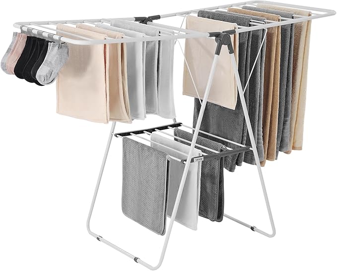 VEVOR Clothes Drying Rack, 2-Tier Foldable Laundry Dryer Rack with Sock Clips & 21 Drying Rods, Metal Height Adjustable Drying Racks for Outdoor & Indoor, Free-Standing & Space-Saving Hanger, White