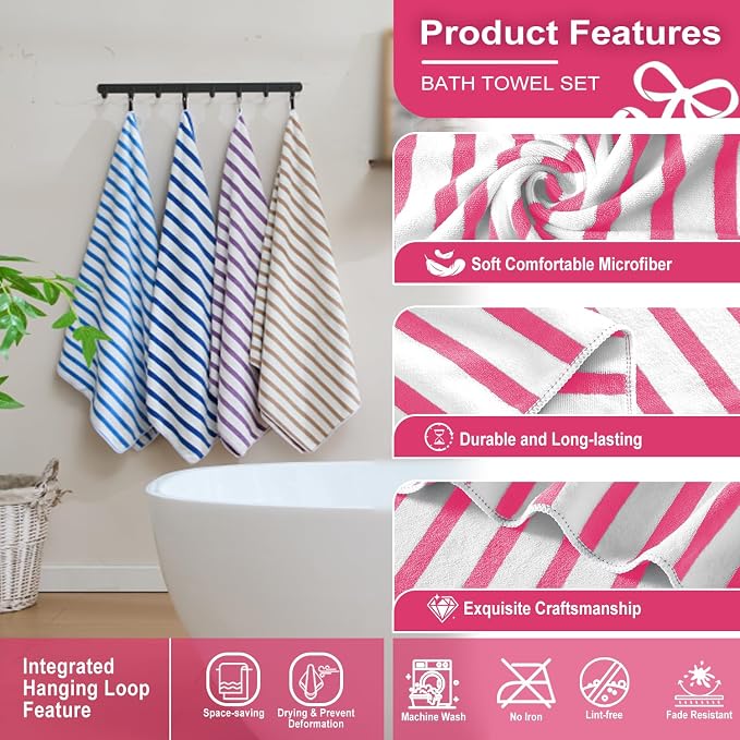 JML Microfiber Beach Towels Set of 6, 27" x 55", Cabana Stripe Pink | Hanging Loop, Soft, Absorbent & Quick Dry, Lint Free, Fade Resistant, for Summer Party, Swimming, Pool, Yoga, Camping