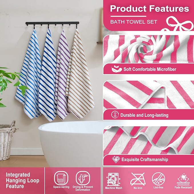 JML Microfiber Bath Towel Set, Cabana Stripe Pink, 30" x 60", 6 Pack | Hanging Loop, Soft, Absorbent & Quick Dry, Lint Free, Fade Resistant, for Summer Swimming Pool Party, Beach Travel