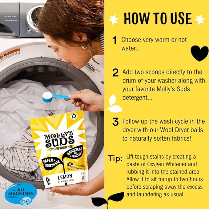 Molly's Suds Oxygen Whitener | Powerful Bleach Alternative, Chlorine Free & Color Safe | Brightens Whites and Removes Stains (Pure Lemon Essential Oil - 158 oz)