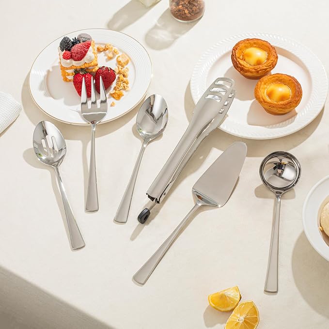 8 Piece 18/10 Serving Utensils Set, Stainless Steel Serving Set | Large Serving Utensils, Slotted Spoon, Serving Spoon, Fork, Tong, Soup Ladle, Cake Server for Buffet, Parties, Kitchen