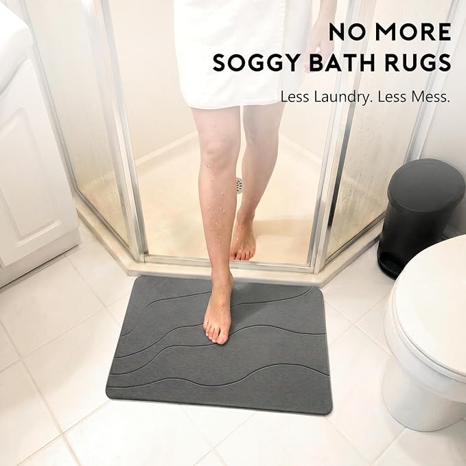 Stone Bath Mat, Quick-Dry Diatomaceous Earth Shower Mat, Absorbent Bathroom Mat for Shower/Tub Exit, New Apartment Essential & Housewarming Gift, 23.5" x 15.5" Dark Gray Wave