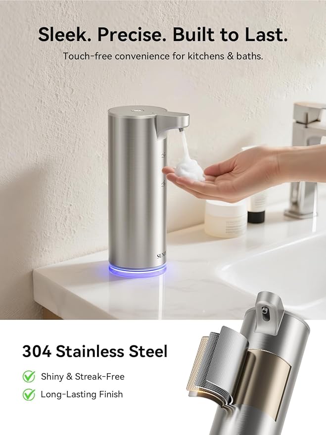 SUNLY Automatic Foaming Soap Dispenser Touchless, 0.2s Fast Sensor, USB-C Rechargeable, Smudge-Resistant Stainless Steel, Hand Soap Dispenser for Bathroom, Kitchen, Hotel, Silver
