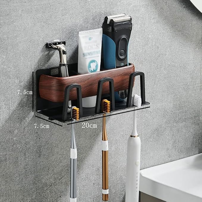 Toothbrush Rack Wall Mounted Wood Grain Toothbrush Holder Multifunctional Storage Rack Bathroom Toothpaste Holder with Hook Accessories Bathroom Toothbrush Holder(Medium)