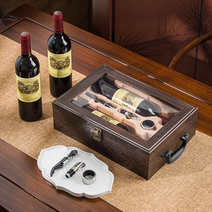 Wine Box, 2 Bottle Top Handle with 3 Accessory Gift for Wedding,Party,Gift,Birthday,Vintage Walnut wood Wine Storage Box for Home Bar Decor,Handmade Premium Carrier Case