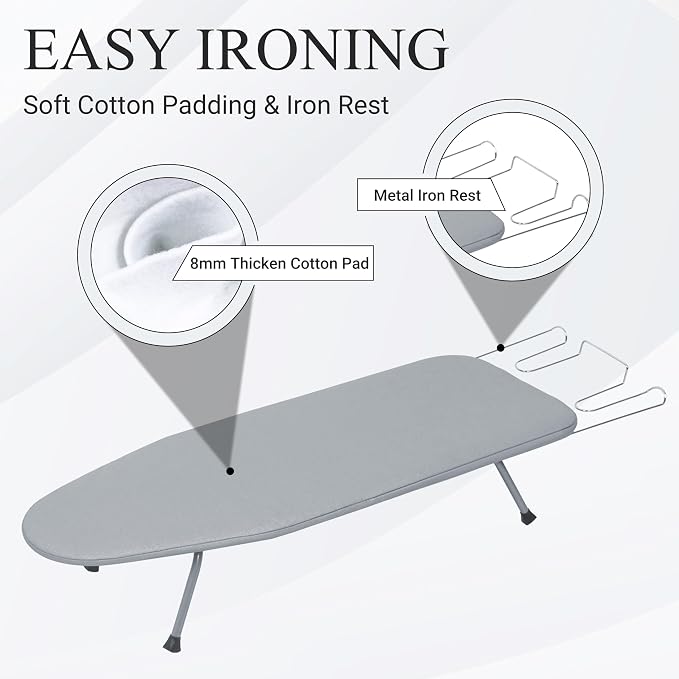 ZOES HOMEWARE Ironing Board, Small Iron Board with Iron Rest, Mini Tabletop Ironing Board with Heat-Reflective Cover and 100% Cotton 8mm Thicken Pad, 31.5"x11.8"x6.2", Silver