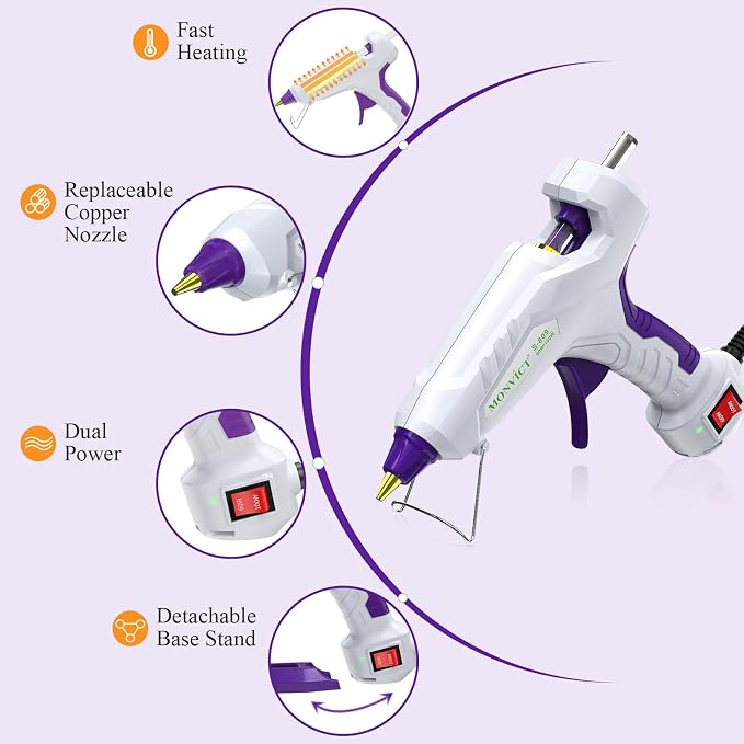 MONVICT Full Size Hot Glue Gun, Dual Temp 60/100W Base Stand | Heavy Duty Kit with 15 Pcs Glue Sticks & 3 Finger Protectors for Sealing Wax, Quick Repairs, DIY, Art & Crafts