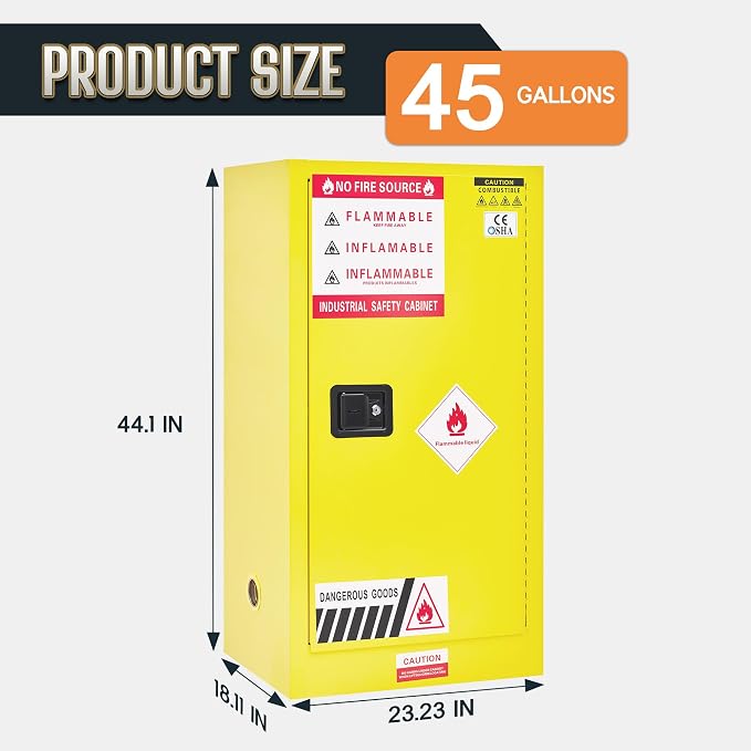 SPECRAFT 45-Gallon Flammable Safety Cabinet | 44 x 23 x 18 In, Cold-Rolled Steel, Adjustable Shelves, OSHA and CE Certified, for Industrial, Commercial and Lab Use