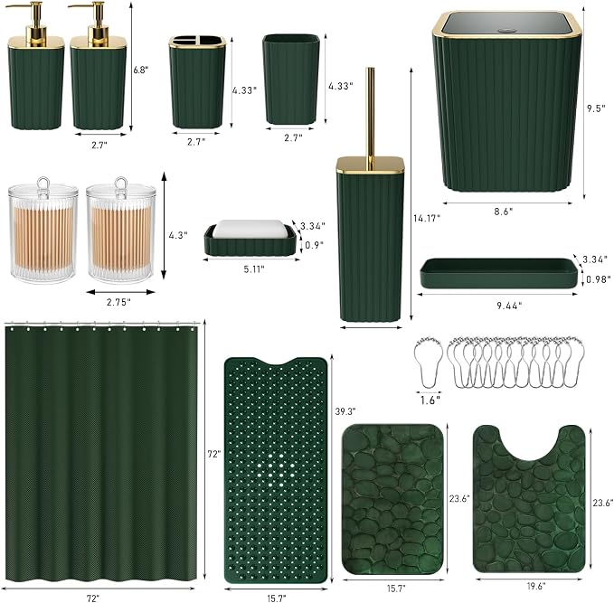 XLHOMO 26PC Bathroom Accessories Set - Gorgeous Green Bathroom Set, Bathroom Accessory Set, Shower Curtain Set with Bathtub Mats for Shower Tub, Trash Can & Soap Dispenser