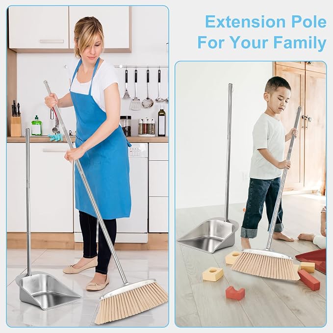 Indoor & Outdoor Brooms, VOOWO 46” Kitchen Broom with Long Handle, Heavy Duty Brooms for Home Kitchen Broom for Office, Angle Brooms for Sweeping with Stainless Steel Handle
