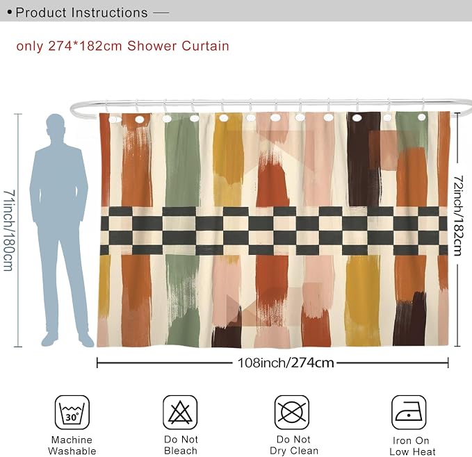 Brush Patterns Extra Wide Shower Curtain, Modern Abstract Checkered Stripes Fall Earth Tones Polyester Waterproof Toile Cloth Shower Curtains Decor for Toile Bathroom Dorm 108x72 Inch