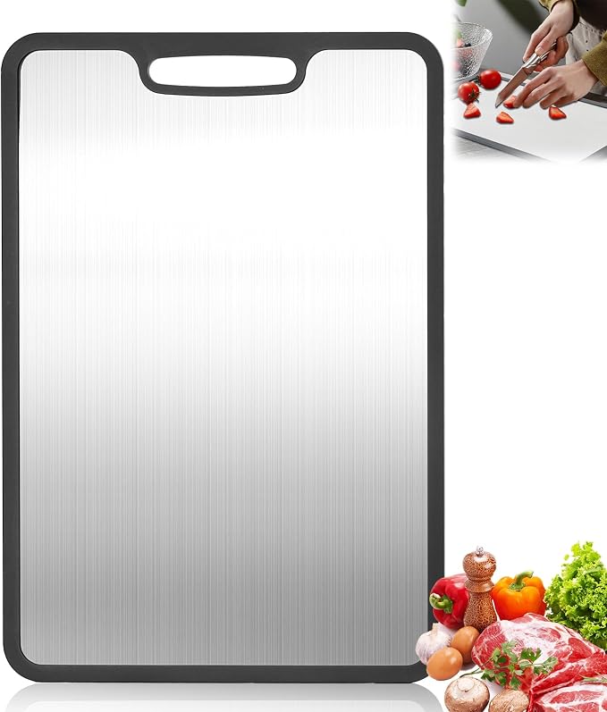 Titanium Cutting Boards for Kitchen & Camping,Metal Cutting Board,Stainless Steel Cutting Board,Chopping Boards for Kitchen and Camping,Silicone Edge for Non-Slip & Non-Cut Medium(14''×9.8'')