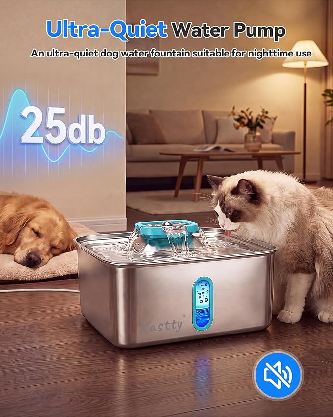 Kastty 4Gal/15L Large Dog Water Fountain, Stainless Steel Pet Water Fountain with Water Level Window and LED Light, Ultra Quiet Dog Water Bowl Dispenser for Large Dog, Easy to Clean(FS78, Blue)