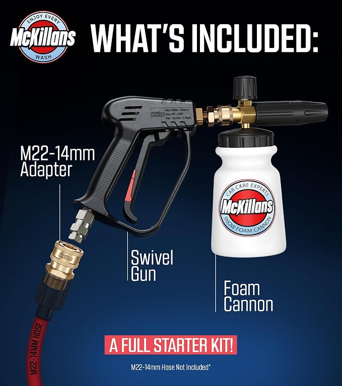 McKillans Pressure Washer Gun with Swivel & Foam Cannon Wide Mouth & M22-14mm Adapter - Adjustable Thick Foam - Power Washer Gun - 3/8" Male Plug & 1/4” Quick Connector Coupler