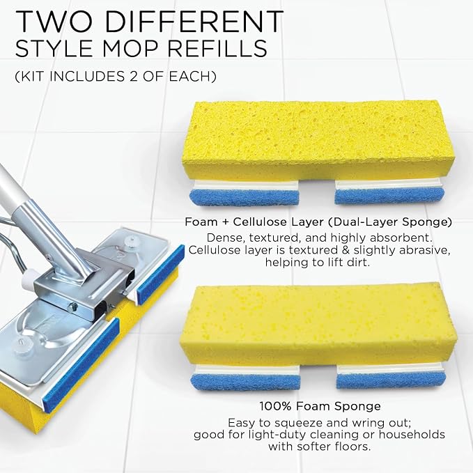 LOLA Squeezematic Butterfly Automatic Sponge Mop, 4 Mop Heads - 2 Foam w/ Cellulose Layer & 2 All Foam, 9" Head w/ Scuff Remover