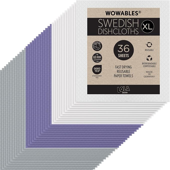 LOLA Swedish Dishcloths for Kitchen XL, 36 3x12 Sheet Rolls, Biodegradable, Compostable, Reusable Paper Towel Cleaning Cloths, 11" x 10" No Odor Washing Dishes, Ultra Absorbent Cellulose Sponge Towel