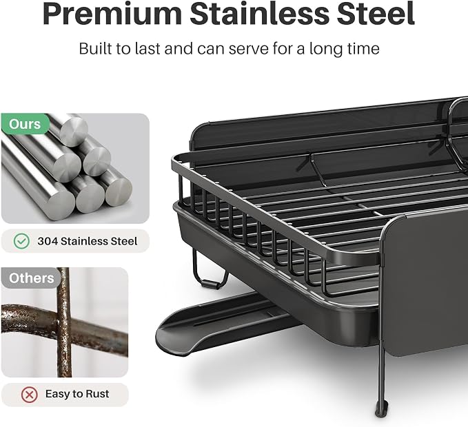 Large Expandable Dish Drying Rack for Kitchen Counter, 19.3-29.4 in, Black | Family Size Capacity, Adjustable Dividers for Pan, Lid & Cutting Board, Stainless Steel, Rotating Spout, Utensil Holder