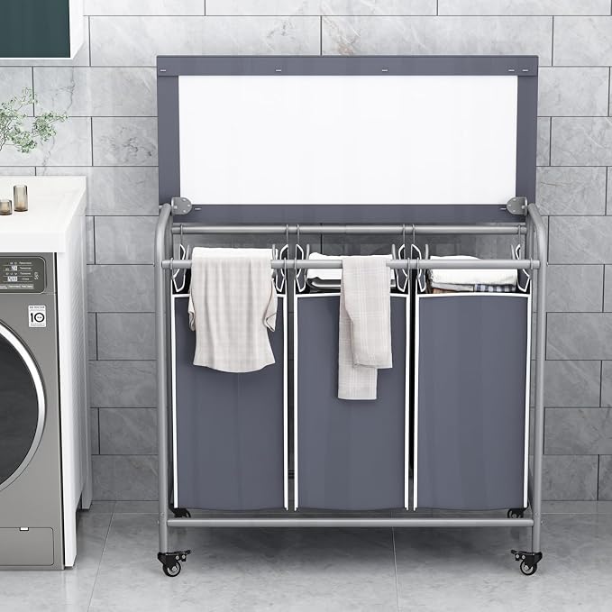 LINZINAR 3-Bag Laundry Hamper with Ironing Board, Grey 135L Laundry Sorter | Laundry Room Organization with Heavy Duty Rolling Lockable Wheels and Removable Bag, Bedroom Laundry Cart for Clothes Storage
