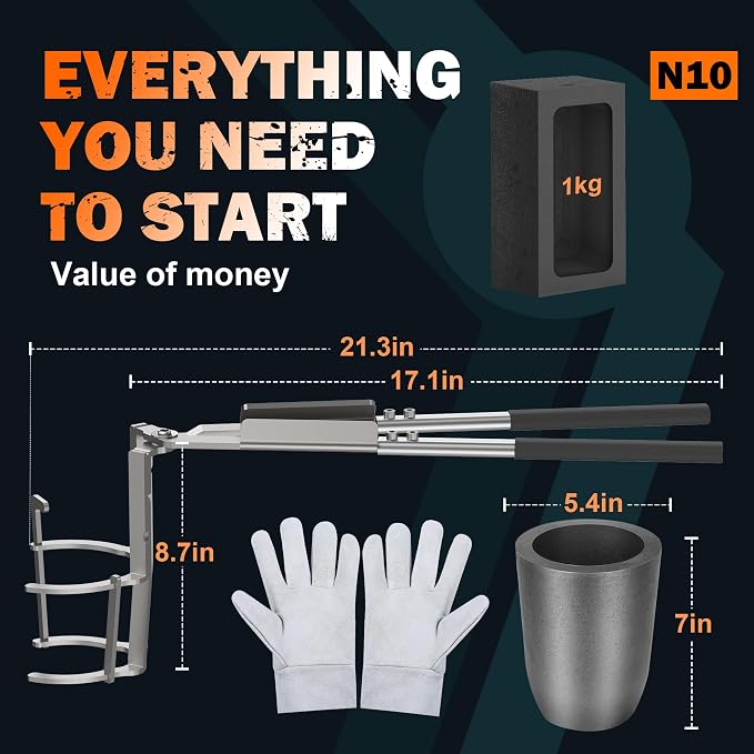 CANALHOUT 10kg Crucible Tongs Set for Melting Metal | 2-in-1 Lifting & Pouring Tong w/ Graphite Crucible, Ingot Mold & Gloves, for Metal Melting Jewelry Casting