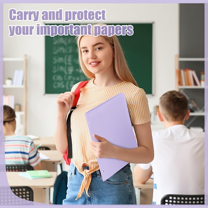 Yeaqee 50 Pcs Plastic Folders with Pockets Bulk 3 Hole Punched 2 Pocket File Folders for 3 Ring Binder Divider Folder for Notebooks, Durable Poly for Office Home (Light Purple)