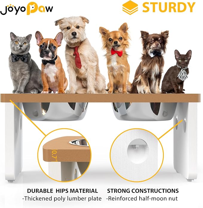 Elevated Dog Bowls, Waterproof Raised Dog Bowl for Medium Dogs, HIPS Poly Lumber Stand with 2 Stainless Steel Bowls, Indoor & Outdoor Use (7'' Tall-40 oz Bowl, Teak - White)