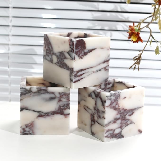 Natural Marble Makeup Brush Holder for Vanity, Marble Toothbrush Holder for Bathroom, Luxurious Countertop Organizer, Calacatta Viola Bathroom Accessories Square
