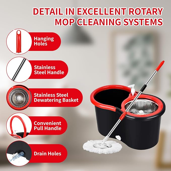 Operable 360 ° Rotating Mop Bucket Set,Mop and Bucket with Wringer Set,with 3 Microfiber Replacement Head,Stainless Steel Mop Bucket 61 Inch Adjustable Handle Household Cleaning Tools（2 Sets