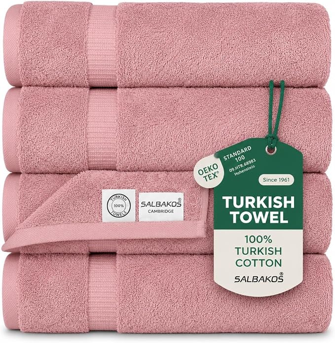 SALBAKOS 4-Piece 100% Turkish Cotton Bath Towels, 27x54 inch, Rose | Standard Size, 630 Gsm Thick Super Soft Highly Absorbent Quick-Dry Bathroom Towel, Premium Hotel & Spa Quality Made in Turkey