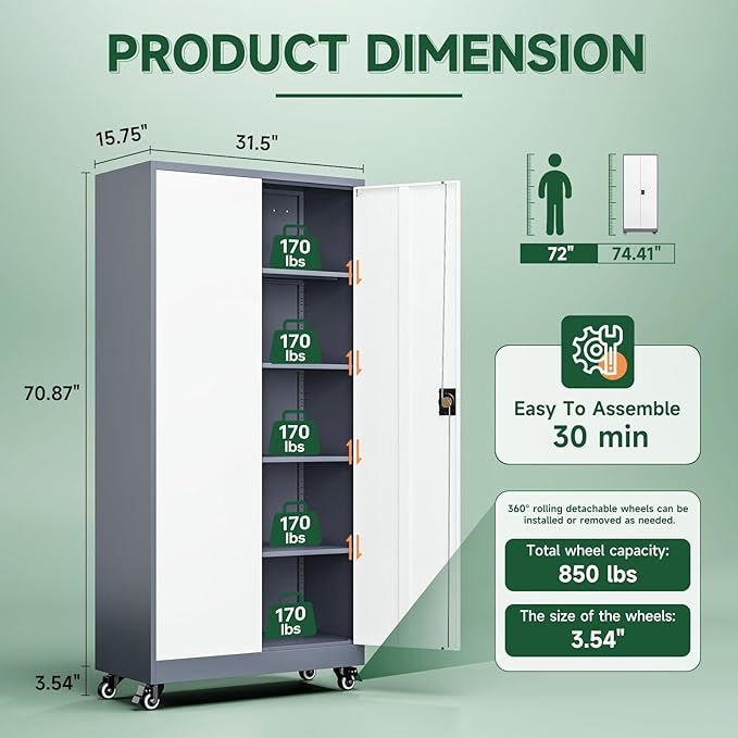 Metal Garage Storage Cabinets with Lock Door and Adjustable Shelves, Steel Tool Cabinets for Home,Office,Warehouse Organisieren (Grey White, 75" H)