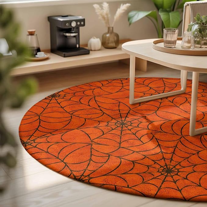 Round Area Rug 4', Orange Halloween Washable Area Rugs for Kitchen Bathroom Bedroom Office Dining Room, Black Spiders Net Classic Gingham Non Slip Door Mat Indoor Entrance Floor Throw Circle Carpet
